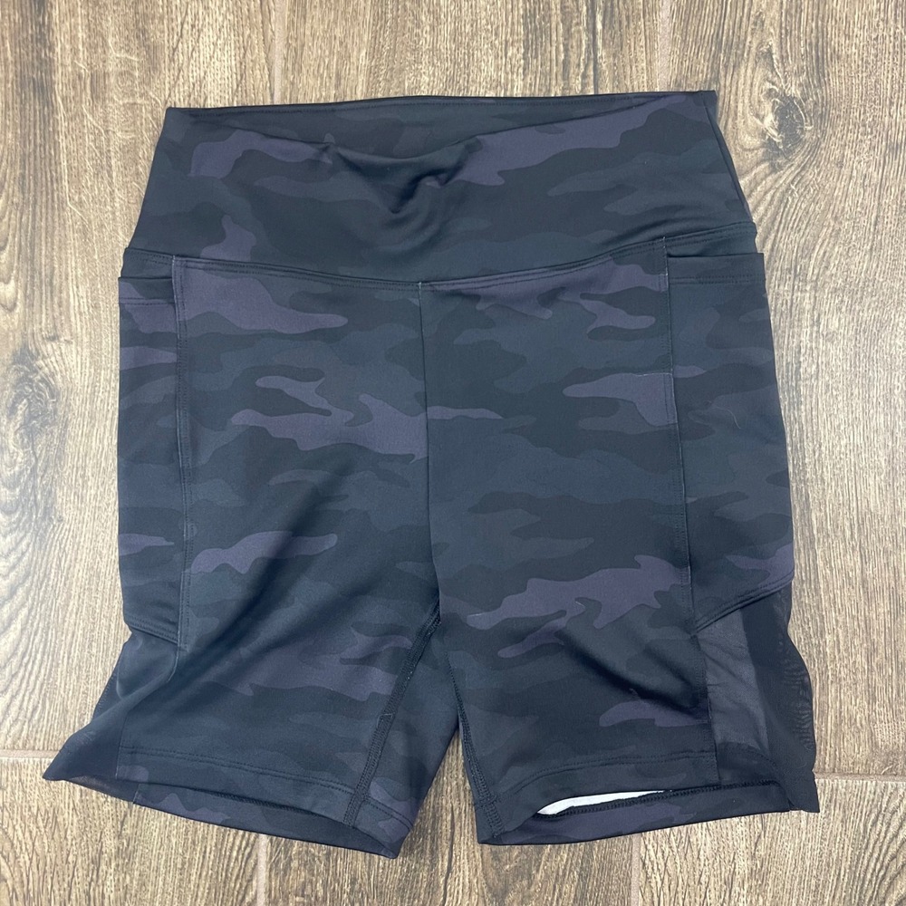 PINK Active Camo Biker Shorts Womens S Black Camouflage Mesh Pockets Gym Yoa